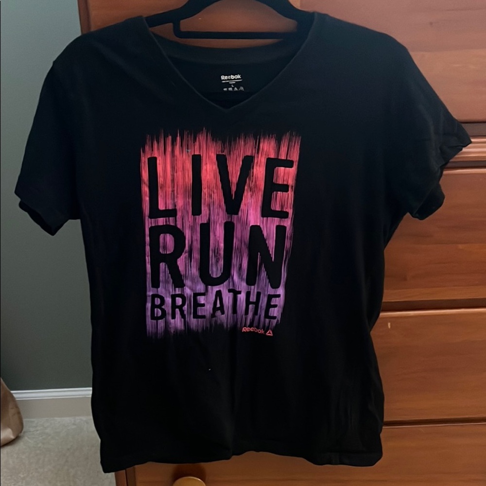 Reebok Black Tee with Pink and Purple Graphic